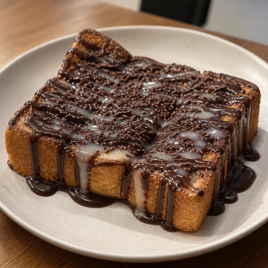Roti Bakar Cokelat Es Teler 77 dengan susu kental manis dan cokelat